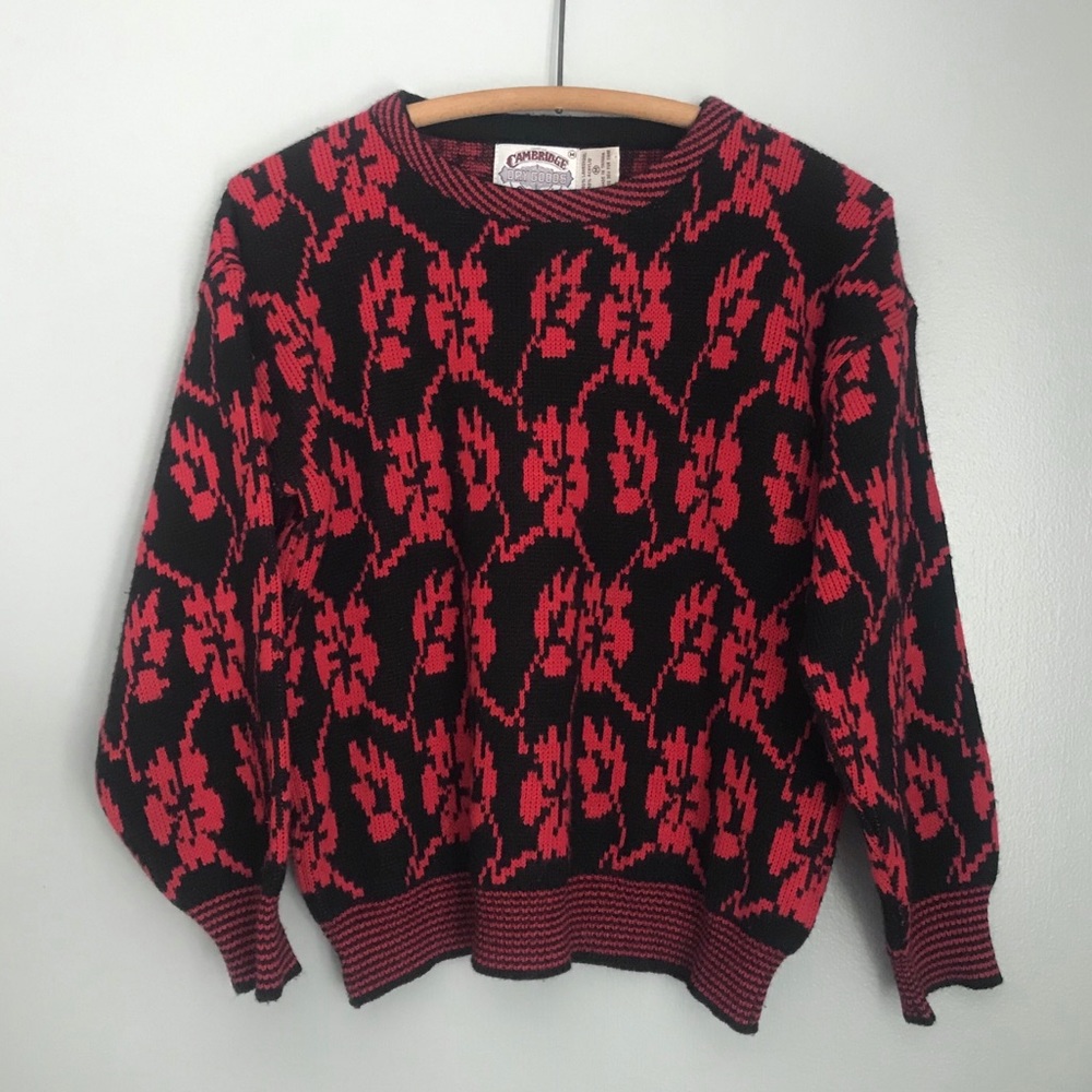 Vintage Wool Blend Sweater Black and Red Medium